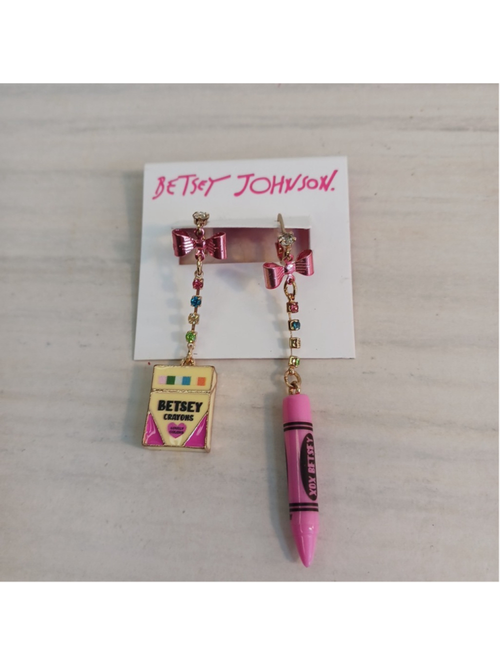 Betsey Johnson Back To School Pink Bow Crayon Box Mismatch Drop Earrings NEW